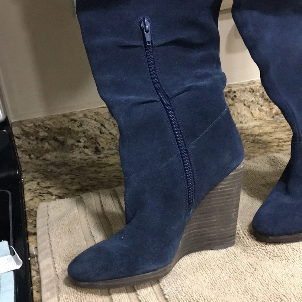 Charles David Navy Suede Leather Wedge Knee Boots 4” heel Slouchy Zip SZ 6M